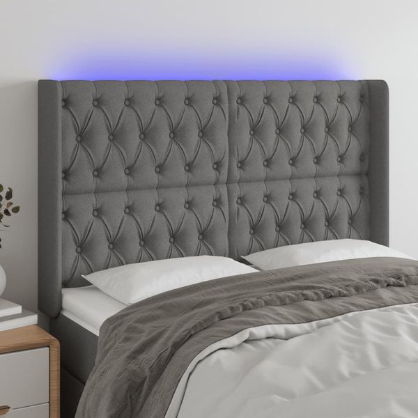 vidaXL Čelo postele s LED tmavosivé 163x16x118/128 cm látka
