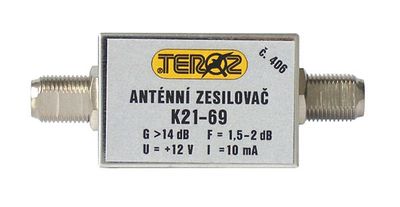 Anténny zosilňovač TEROZ 406X, nízkošumový, UHF, G14dB, F1,5dB, U98dBµV, F-F