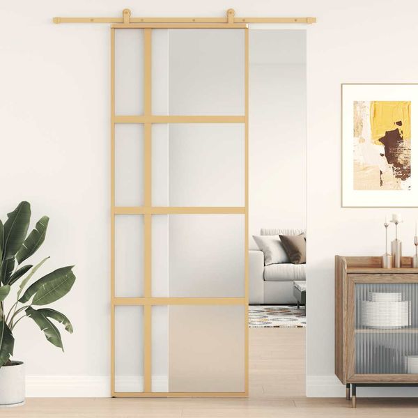 vidaXL Posuvné dvere zlaté 76x205 cm matné ESG sklo a hliník
