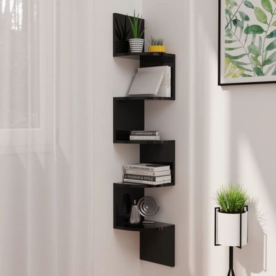 vidaXL Nástenný rohový regál lesklý čierny 19x19x123cm, kompozit drevo