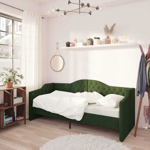 vidaXL Pohovka s matracom a USB tmavozelená látková 90x200 cm