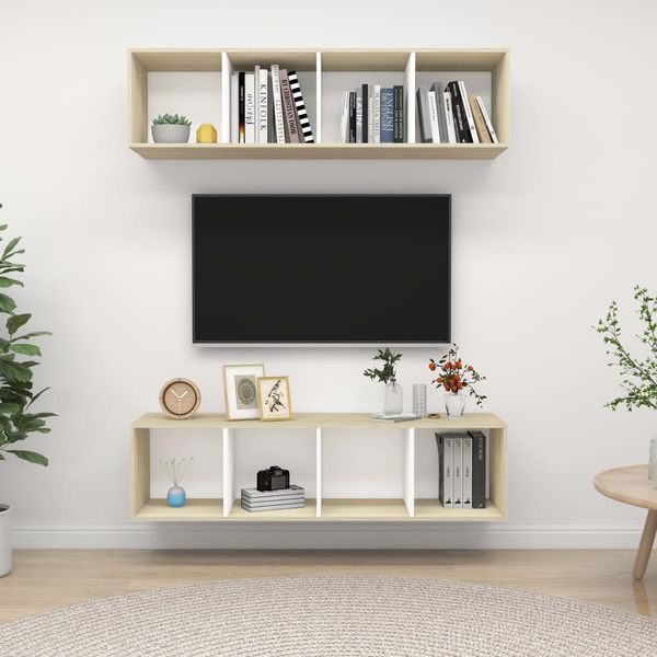 vidaXL Nástenné TV skrinky 2 ks, biela a dub sonoma, kompozitné drevo