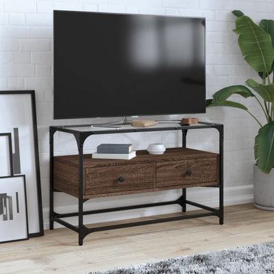 vidaXL TV skrinka sklenená doska hnedý dub 80x35x51 cm kompozit. drevo