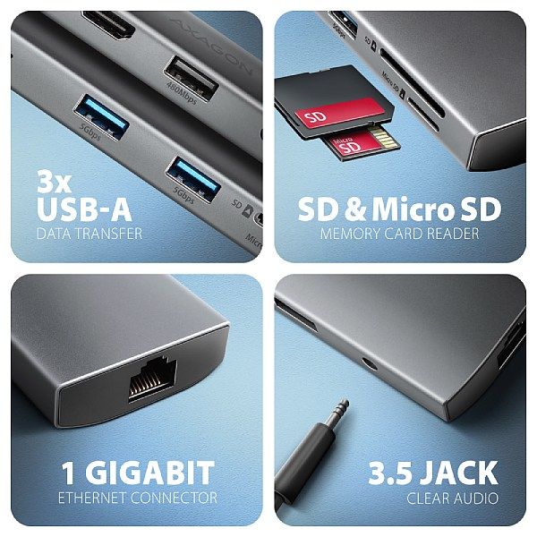 AXAGON HMC-8HLSA, USB 5Gbps hub, 3x USB-A, HDMI 4k/60Hz, RJ-45 GLAN, SD/microSD, audio, PD 100W Dokovacia stanica, USB-C, kompatibilný s Thunderbolt 4, 1× HDMI, 2× USB 3.0, 1× USB 2.0, 1× USB-C, PD 100W, 3,5mm jack, RJ-45, čítačka