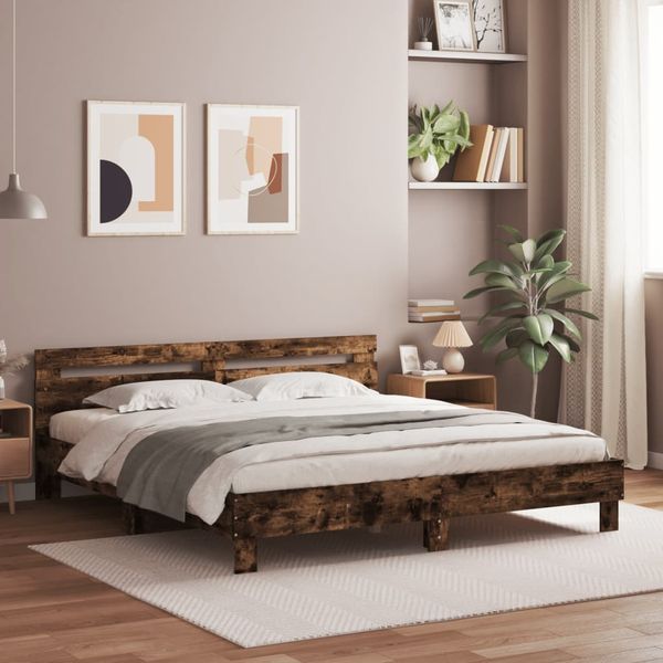 vidaXL Posteľný rám s čelom a LED dymový dub 180x200 cm