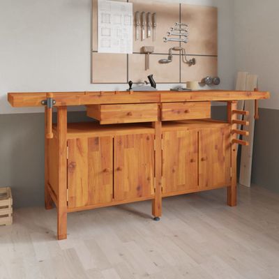 vidaXL Pracovný stôl so zásuvk. a zverákmi 192x62x83 cm akáciový masív