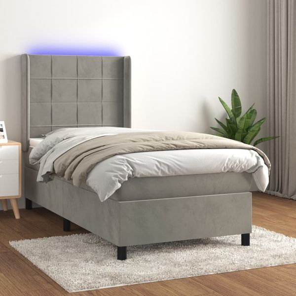 vidaXL Posteľ boxsping s matracom a LED bledosivá 90x200 cm zamat