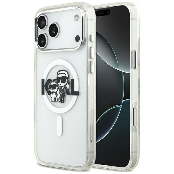 Puzdro Karl Lagerfeld Magsafe IML trblietavé s kovovým rámom fotoaparátu a tlačidlami a logom Karl a Choupette pre iPhone 17 Pro Max číre