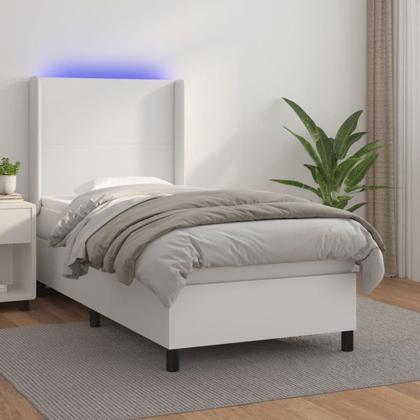 vidaXL Boxspring posteľ s matracom a LED biela 90x190 cm umelá koža