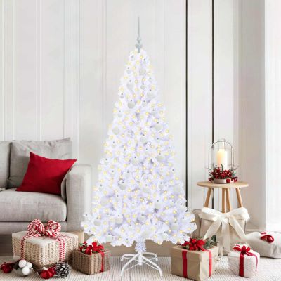 vidaXL Umelý vianočný stromček s 300 LED-i Biela 180 cm PVC a oceľ