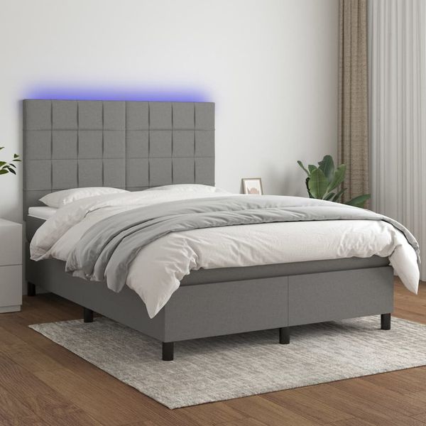 vidaXL Posteľ boxsping s matracom a LED tmavosivá 140x200 cm látka