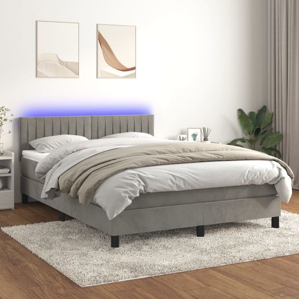 vidaXL Posteľ boxsping s matracom a LED bledosivá 140x200 cm zamat