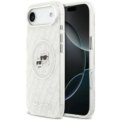 Obal Karl Lagerfeld Magsafe IML trblietavý s kovovým rámčekom fotoaparátu a tlačidlami, hlavy Karla a Choupette na opakovanom logu KL pre iPhone 17 Air sivý