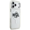 Puzdro Karl Lagerfeld Magsafe IML trblietavé s kovovým rámom fotoaparátu a tlačidlami a logom Karl a Choupette pre iPhone 17 Pro Max číre