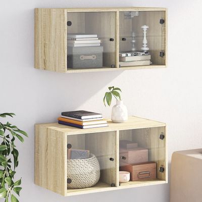 vidaXL Nástenné skrinky sklenené dvierka 2 ks dub sonoma 68,5x37x35 cm