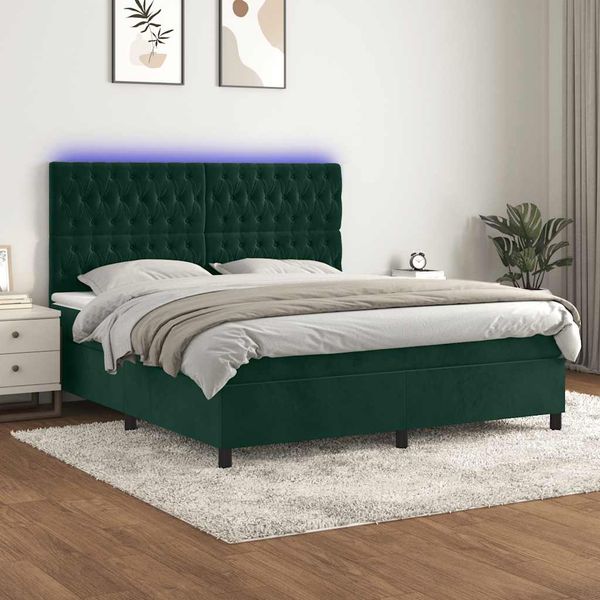 vidaXL Posteľný rám boxsping matrac a LED tmavozelený 180x200 cm zamat
