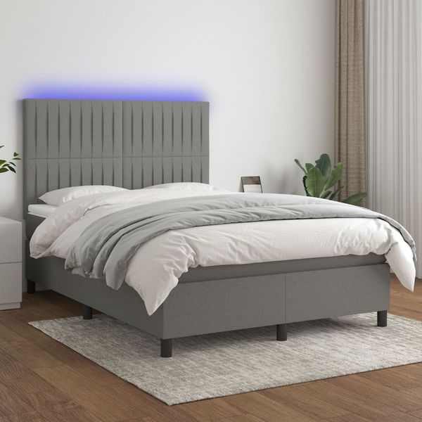 vidaXL Posteľ boxsping s matracom a LED tmavosivá 140x200 cm látka