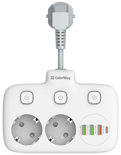COLORWAY Predĺžovací napájací prívod / 2x Schuko / 3x USB-A / 1x USB-C / kábel 2,5 cm Kábel, predĺžací, napájací, 2× Schuko zásuvka, 3× USB, 1× USB-C, 2,5 cm, biely