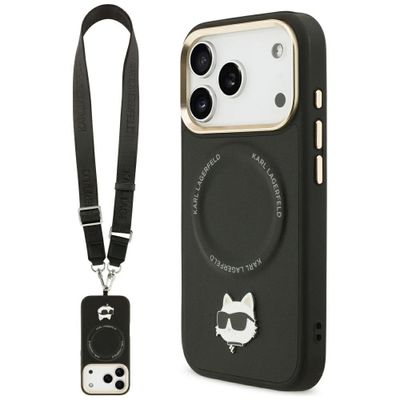 Puzdro Karl Lagerfeld Big Strap Choupette Metal Logo MagSafe pre iPhone 17 Pro čierna