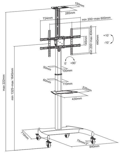 Neomounts PLASMA-M1900E / Mobile Flat Screen Floor Stand (height: 130-162 cm) / Black Stojan, pojízdný, VESA, pro LCD a TV 37"-70", nosnost 50kg, výška 130-162cm, náklon 20°, rotace 90°, 2 police, cerný