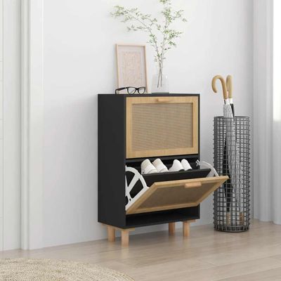 vidaXL Botník čierny 52x25x80 cm spracované drevo a prírodný ratan