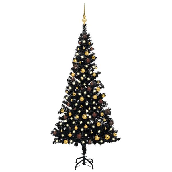 vidaXL Osvetlený umelý vianočný stromček s guľami, čierny 180 cm, PVC