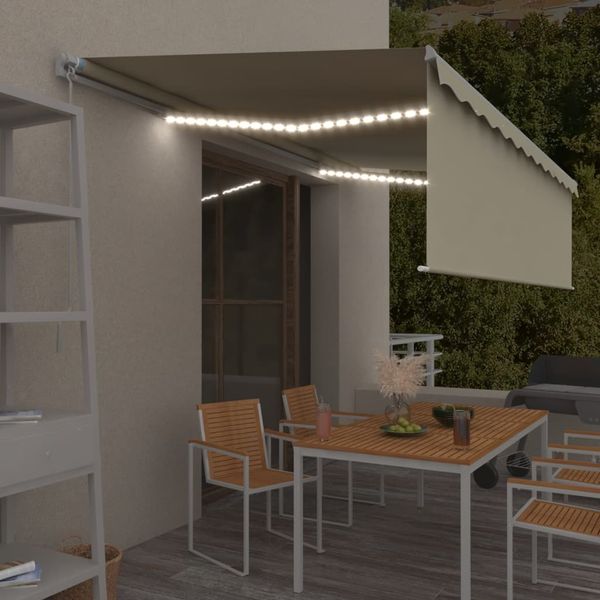 vidaXL Ručne zaťahovacia markíza s tienidlom a LED 5x3 m krémová