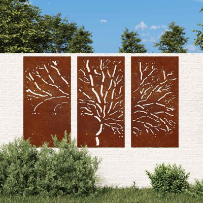 vidaXL Záhradné nástenné dekorácie 3 ks 105x55 cm kortenová oceľ strom