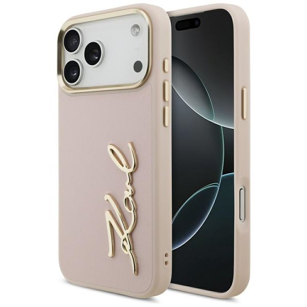 Puzdro Karl Lagerfeld z PU kože s logom Karl script a kovovými tlačidlami fotoaparátu pre iPhone 17 Pro Max ružová