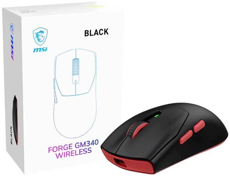 MSI herní myš FORGE 340 Wireless Black/ bezdrátová/ 12.000 dpi/ 2,4GHz/ BT5.2/ USB/ 6 tlačítek/ černá Herní myš, PAW3311, až 12 000 DPI, 57 g, RGB, 2,4 GHz / Bluetooth 5.2 / USB, až 82 h výdrž, symetrický design, 6 tlacítek