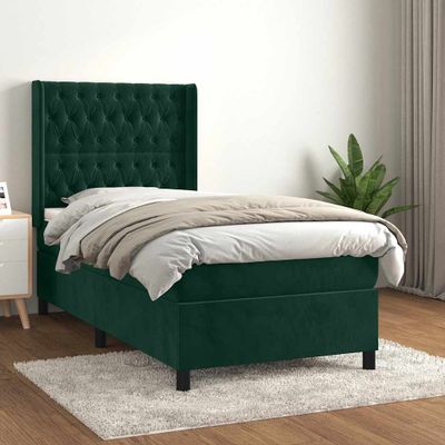vidaXL Posteľný rám boxsping s matracom tmavozelený 90x200 cm zamat