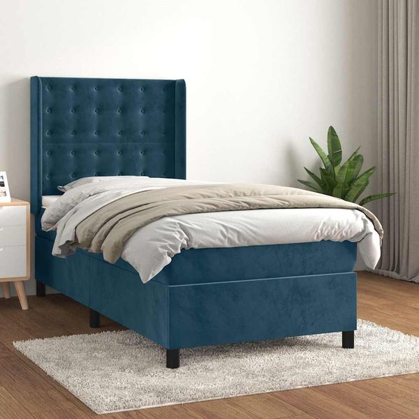 vidaXL Posteľný rám boxsping s matracom tmavomodrý 90x200 cm zamat