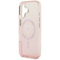 Puzdro Guess Case Magsafe IML Gradient s potlačou trojuholníkového loga a striebornými kovovými tlačidlami fotoaparátu pre iPhone 17 ružové