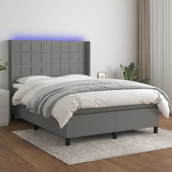 vidaXL Posteľ boxsping s matracom a LED tmavosivá 140x200 cm látka