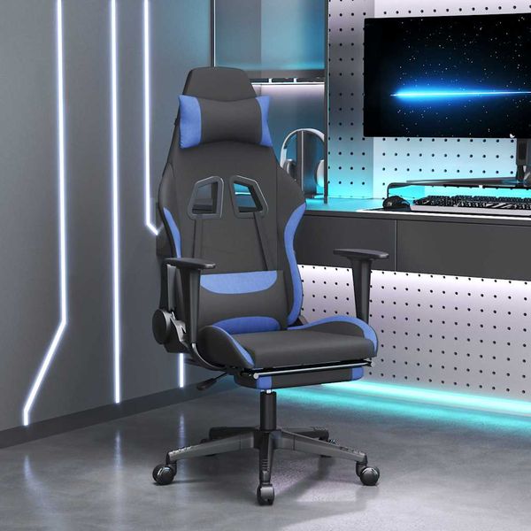 vidaXL Masážna herná stolička s podnožkou, čierna a modrá, látka