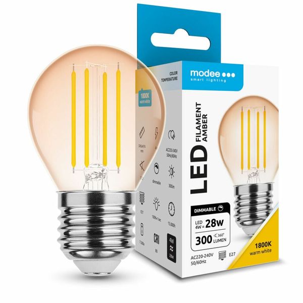 Modee LED Filament Amber Globe Mini G45 4W E27 300lm, teplá biela,stmievateľná (ML-G45FA1800K4WE27D)