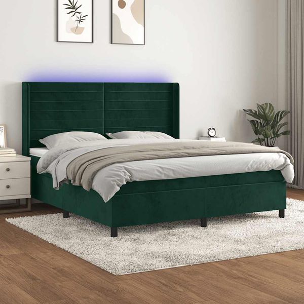 vidaXL Posteľný rám boxsping matrac a LED tmavozelený 180x200 cm zamat