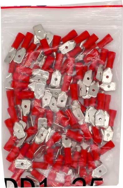Faston-konektor 6,3mm červený pro kabel 0,5-1,5mm2, balení 100ks