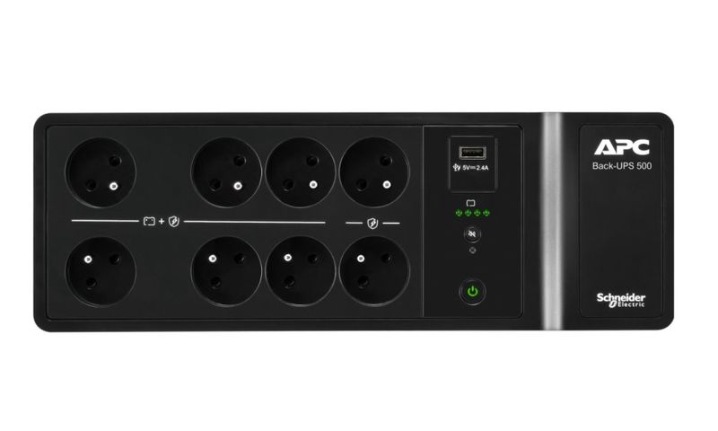 APC Back-UPS 500VA, BE500G2-FR, 8 French outlets Záložní zdroj, 500VA, 300W, 230V, USB nabíjecí port, 8× ceská zásuvka (FR)