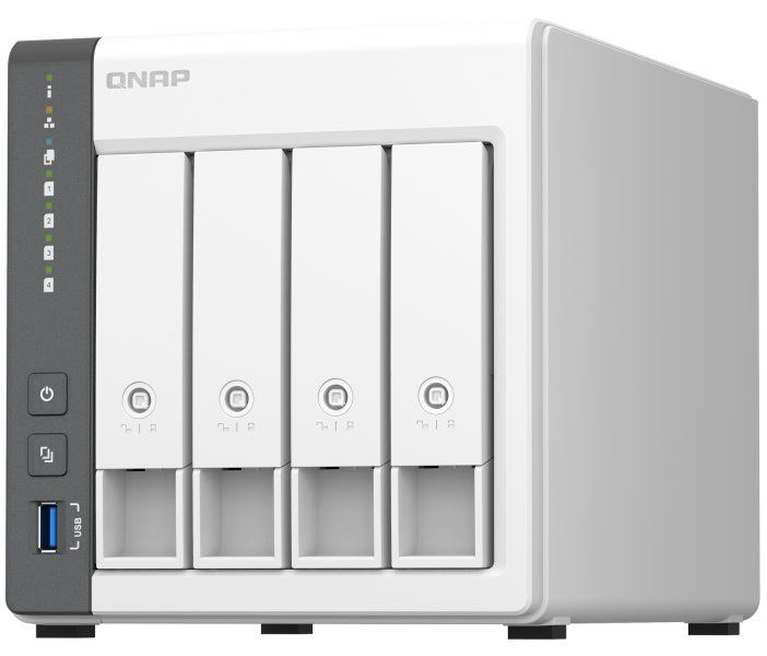 QNAP TS-433-4G (ARM 4core 2,0GHz, 4GB RAM, 4x SATA, 1x GbE, 1x 2,5GbE, 2x USB 2.0, 1x USB 3.2) Sítové úložište NAS, 4× 2,5"/3,5" SATA III, quad-core 2,0GHz, 4GB RAM, 2× LAN, 2× USB 2.0, 1× USB 3.2 Gen1, bílé