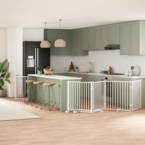 vidaXL Brána pre psa s dverami sklad. 8pan. biela 640cm topoľové drevo