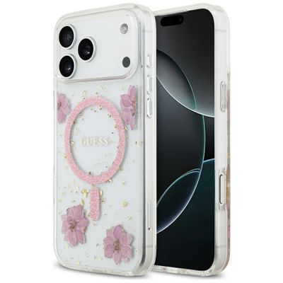 Puzdro Guess Resin Flowers Glitter MagSafe pre iPhone 17 Pro Max ružová