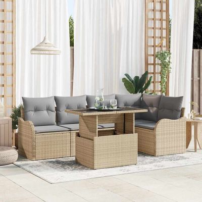 vidaXL Súprava záhradných pohoviek s vankúšom 6 pcs Béžová Poly Ratan
