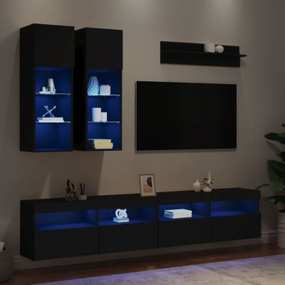 vidaXL 6-dielna súprava TV nástenných skriniek s LED svetlami čierna