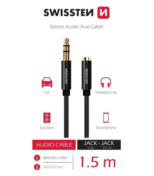 SWISSTEN AUDIO KÁBEL TEXTILNÝ 3,5 mm JACK(samec) - 3,5 mm JACK (samica) 1,5 M ČIERNY Kábel, prepojovací, zástrčka 3,5mm - zásuvka 3,5mm, textilný oplet, 1,5m, čierny