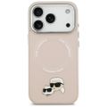 Puzdro Karl Lagerfeld Magsafe PU s kolíkmi Karl&Choupette heads a kovovými tlačidlami fotoaparátu pre iPhone 17 Pro Max béžové