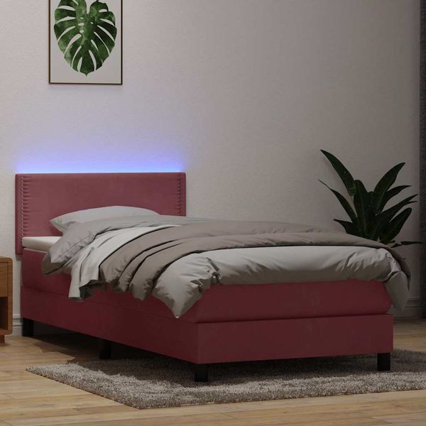 vidaXL Posteľný rám boxsping s matracom a LED ružový 90x220 cm zamat