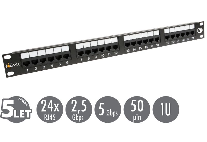 19'' patch panel Solarix 24 x RJ45 CAT6 UTP 350 MHz čierny 1U SX24-6-UTP-BK