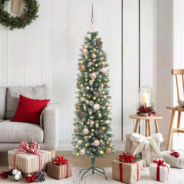 vidaXL Umelý chudý vianočný strom s 150 LED-i Zelená a biela 150 cm