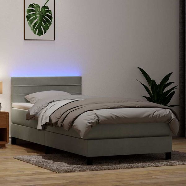 vidaXL Posteľný rám boxsping s matracom a LED bledosivý 80x220 cm zamat